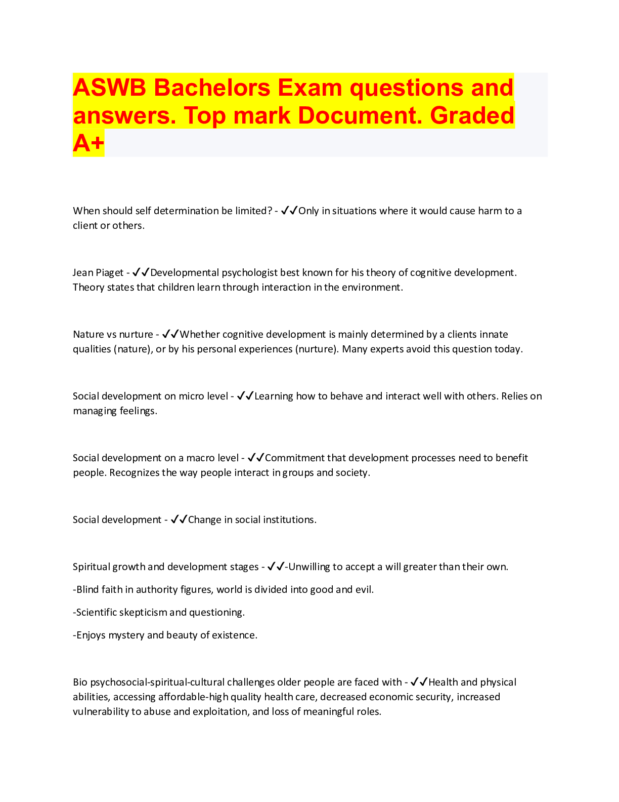 Preview image for ASWB Bachelors Exam questions and answers. Top mark Document. Graded A+